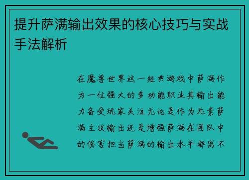 提升萨满输出效果的核心技巧与实战手法解析